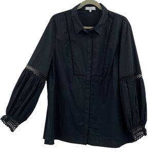 Pearl Lela Rose Poplin Button Up Top Lace Balloon Sleeve Black Size 16/XL